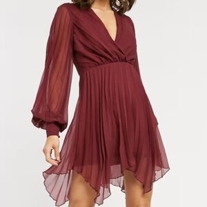 Burgundy ASOS Pleated Skater Balloon Sleeve Mini Dress Size US 6